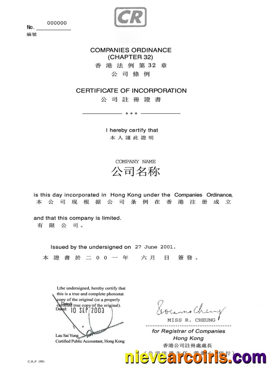 China Certificate Of Incorporation Template