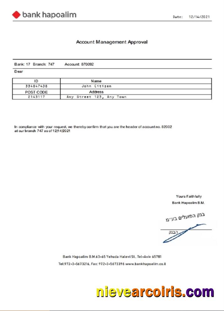 Israel Bank Hapoalim Account Management Approval Template