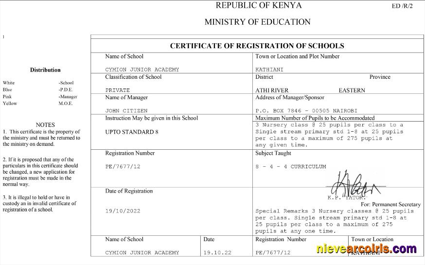 Kenya Certificate Of Registration Of Schools Preview