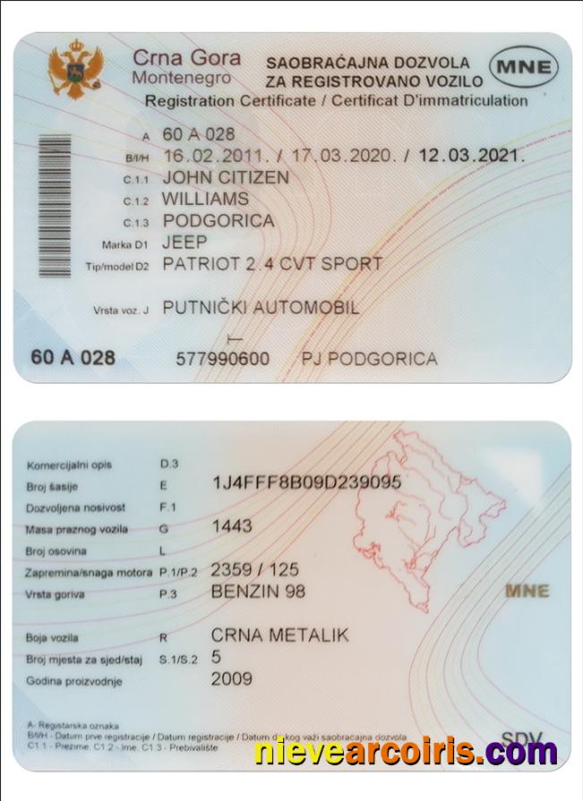 MONTENEGRO Vehicle Registration Certificate Photolook