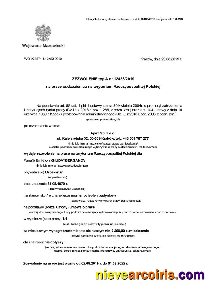 Poland Foreigner Work Certificate Page 1 Sample