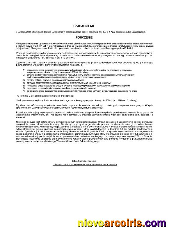 Poland Foreigner Work Certificate Page 2 Preview
