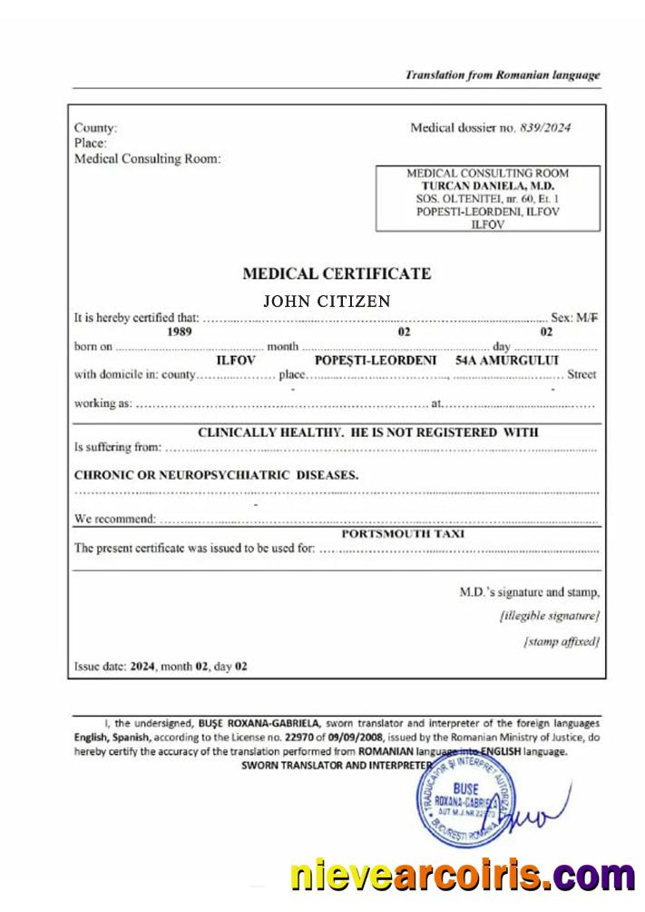 Romania Medical Certificate Template