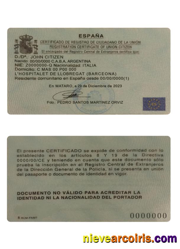 Spain Registration Certificate Of Union Citizen Photolook