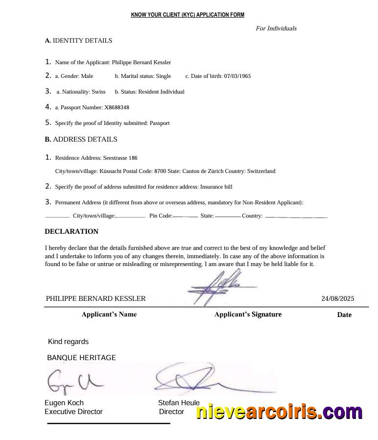 Switzerland Banque Heritage Know Your Client (KYC) Application Form Preview