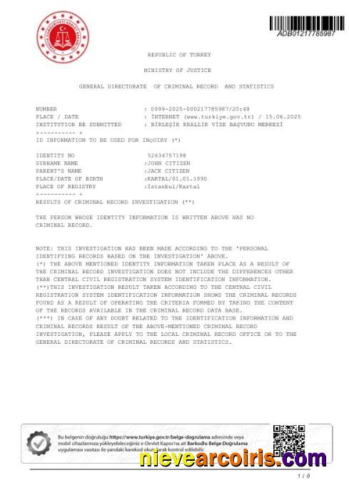 Turkey Ministry Of Justice Criminal Record Certificate Preview