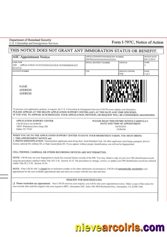 U.S. Citizenship And Immigration Services Form I 797C, Notice Of Action Sample
