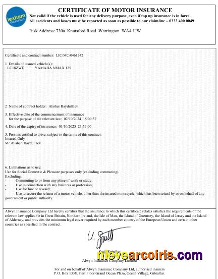 UK Certificate Of Motor Insurance Photolook