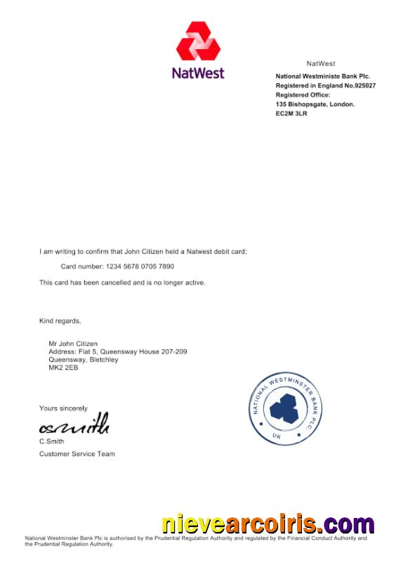 UK NatWest Bank Debit Card Cancellation Confirmation Letter Preview