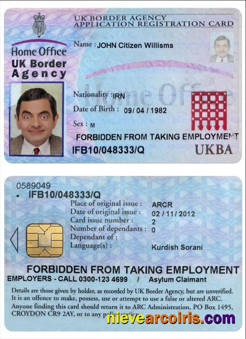 UNITED KINGDOM Border Agency Application Registration Card Photolook