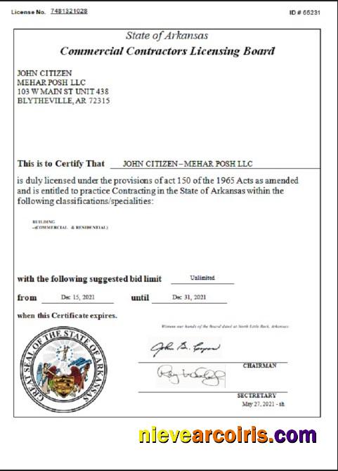 USA Arkansas Commercial Contractors License Preview