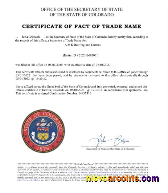USA Colorado Certificate Of Fact Of Trade Name Preview