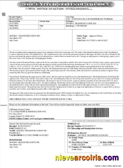 USA Form I 797A, Notice Of Action Preview