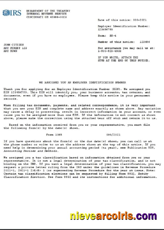USA INTERNAL REVENUE SERVICE (IRS) Employer Identification Number (EIN) Business Registration Photolook
