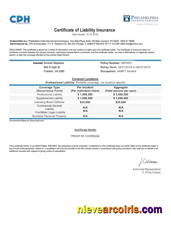USA Pennsylvania Certificate Of Liability Insurance Sample