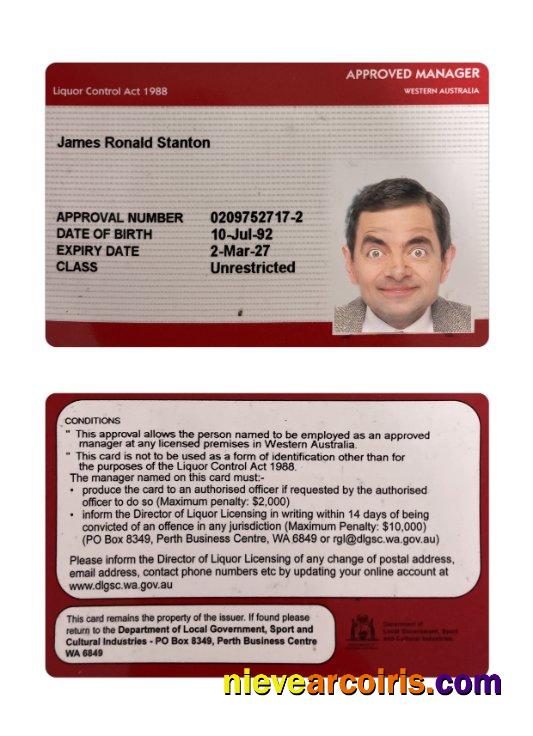 Western Australia Approved Manager License Card Sample