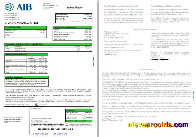 Afghanistan International Bank (AIB) Mortgage Statement, 3 Pages 1 2 Scr Photolook