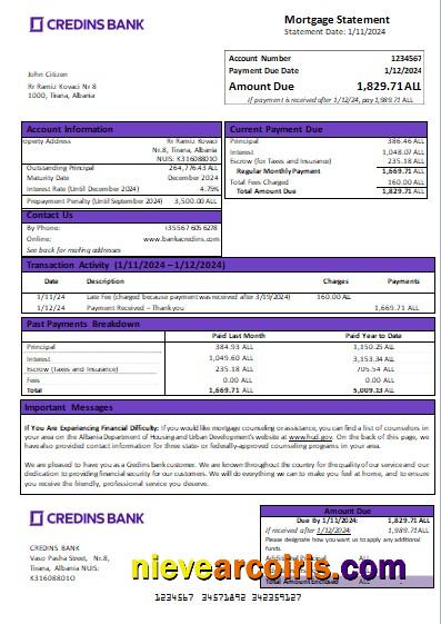 Albania Credins Bank Mortgage Statement Scr Sample
