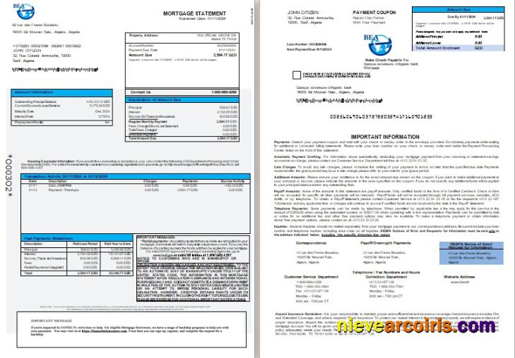 Algeria Banque Exterieure D'Algerie Bank Mortgage Statement, 3 Pages 1 2 Scr Sample