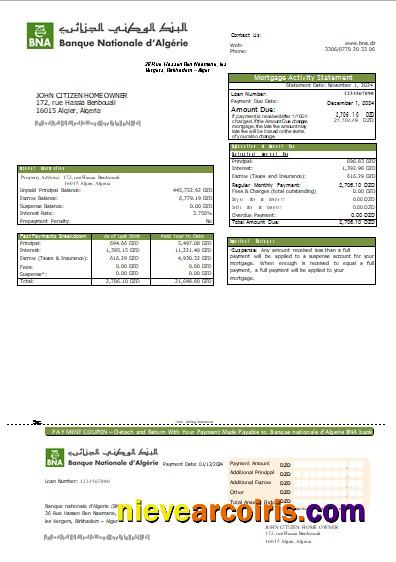Algeria Banque Nationale D'Algerie (BNA) Bank Mortgage Statement Scr Preview