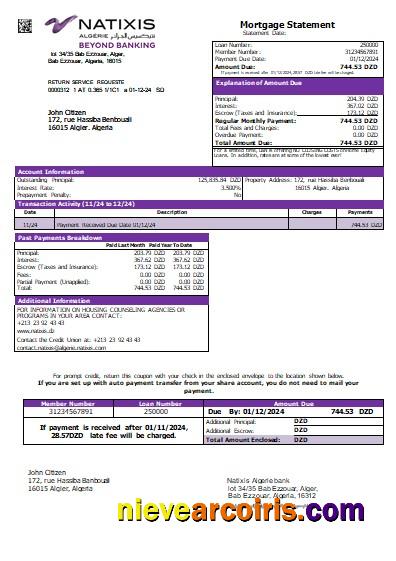 Algeria Natixis Algerie Bank Mortgage Statement Scr Sample