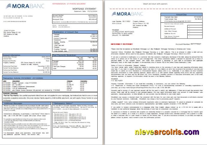 Andorra MoraBank Bank Mortgage Statement, 3 Pages, 1 2 Scr Preview