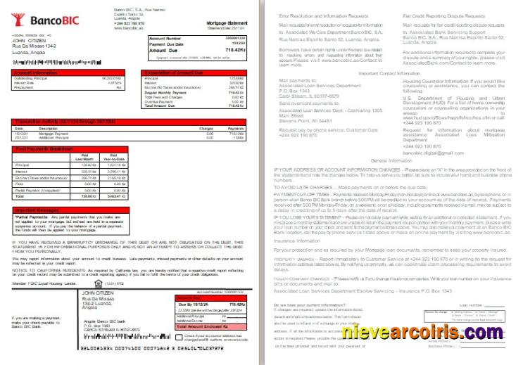 Angola Banco BIC Bank Mortgage Statement, 2 Pages, 1 2 Scr Photolook