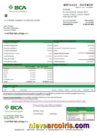 Angola Banco Comercial Angolano Bank Mortgage Statement Scr Sample