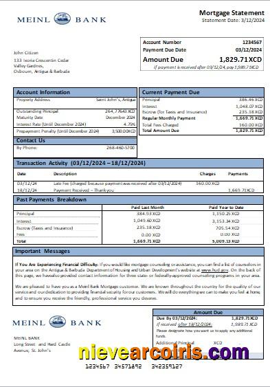 Antigua & Barbuda Meinl Bank Mortgage Statement Scr Preview