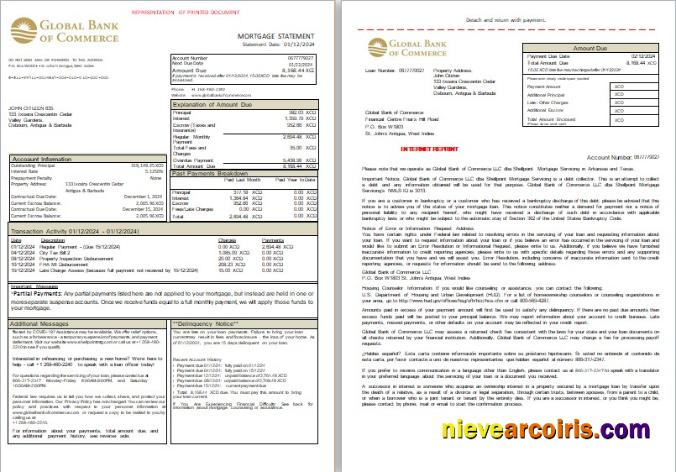 Antigua And Barbuda Global Bank Of Commerce Bank Mortgage Statement, 3 Pages, 1 2 Scr Photolook