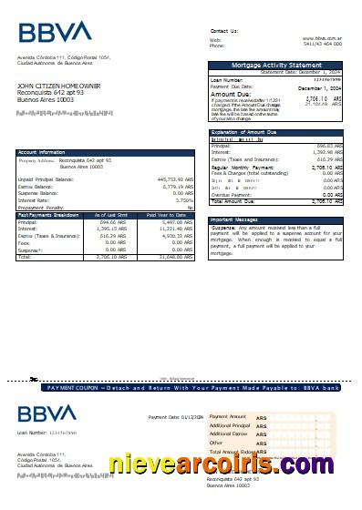 Argentina BBVA Bank Mortgage Statement Scr Template