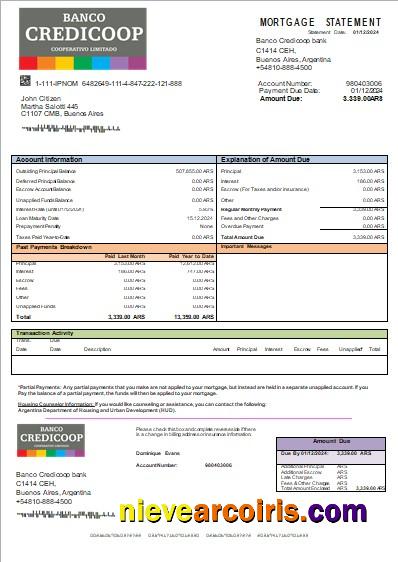 Argentina Banco Credicoop Bank Mortgage Statement Scr Template