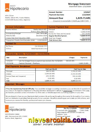 Argentina Banco Hipotecario Bank Mortgage Statement Scr Preview
