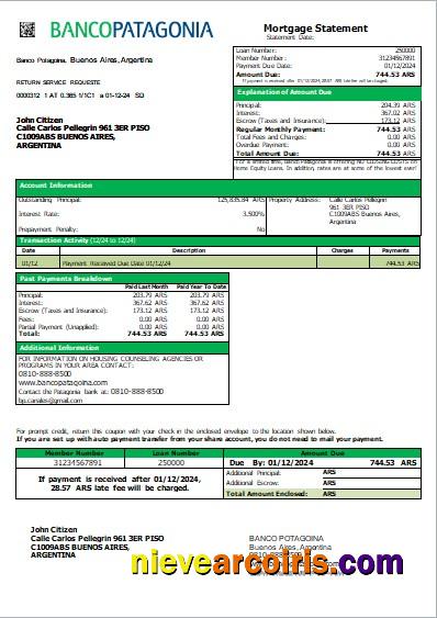 Argentina Banco Patagonia Bank Mortgage Statement Scr Sample