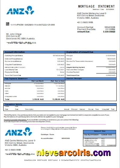 Australia ANZ Bank Mortgage Statement Scr Sample