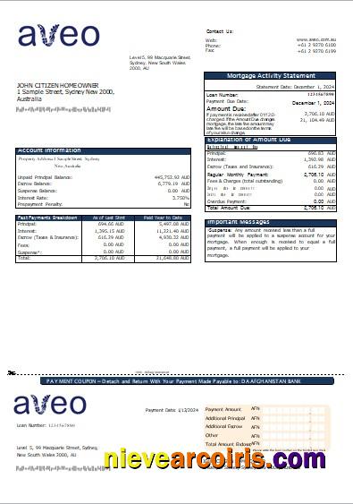 Australia Aveo Bank Mortgage Statement Scr Sample
