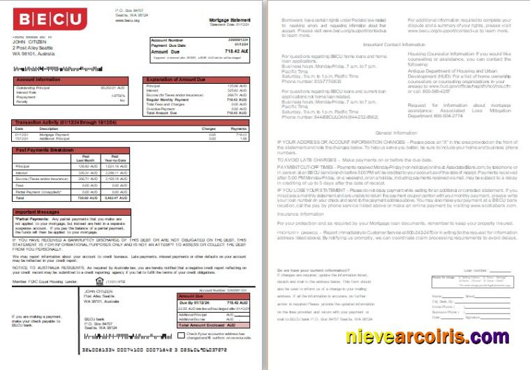 Australia BECU Bank Mortgage Statement, 2 Pages, 1 2 Scr Preview