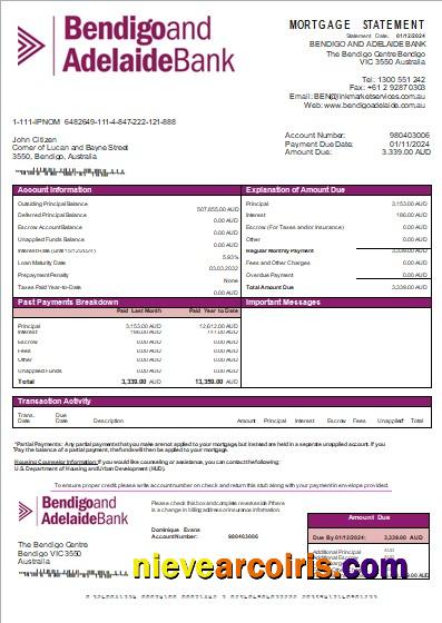Australia Bendigo And Adelaide Bank Bank Mortgage Statement Scr Photolook