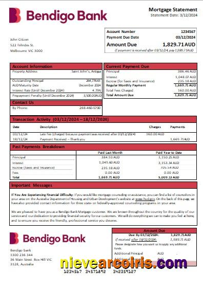 Australia Bendigo Bank Mortgage Statement Scr Sample