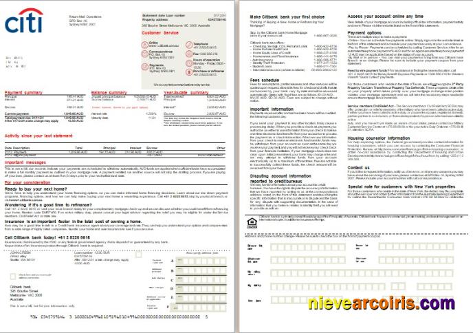 Australia Citibank Bank Mortgage Statement, 2 Pages, 1 2 Scr Photolook