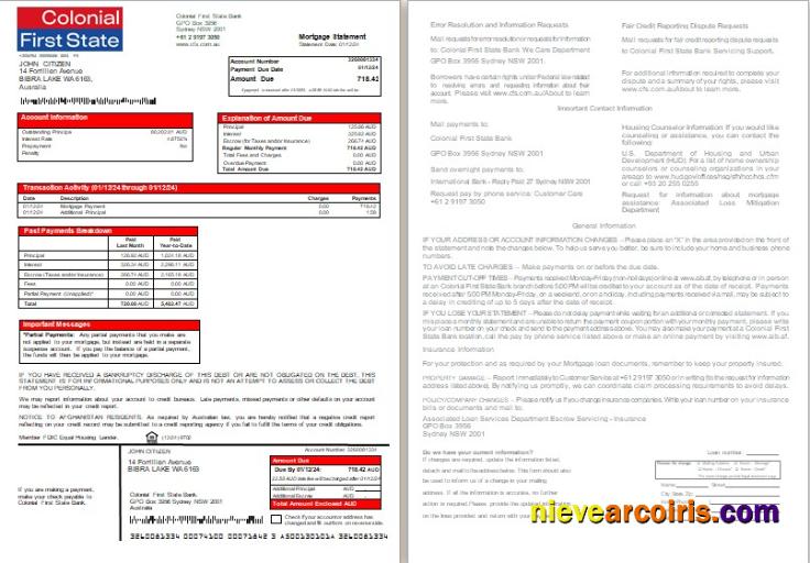 Australia Colonial First State Bank Mortgage Statement, 2 Pages, 1 2 Scr Preview