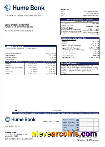 Australia Humebank Bank Mortgage Statement Scr Template
