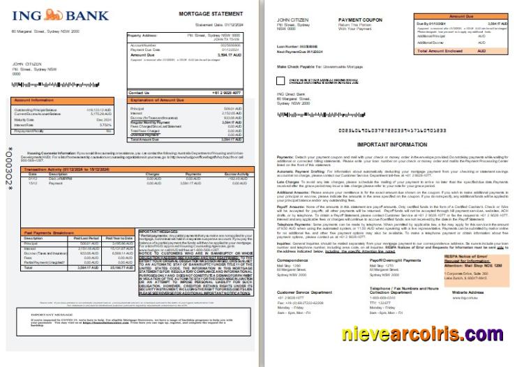 Australia ING Direct Bank Mortgage Statement, 3 Pages, 1 2 Scr Template