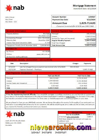 Australia NAB Bank Mortgage Statement Scr Sample