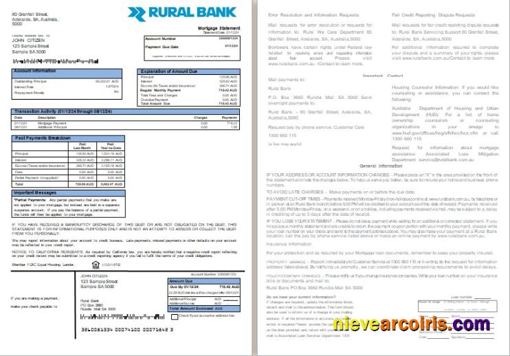 Australia Rural Bank Mortgage Statement, 2 Pages, 1 2 Scr Sample