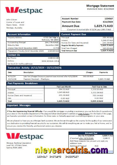 Australia Westpac Bank Mortgage Statement Scr Sample