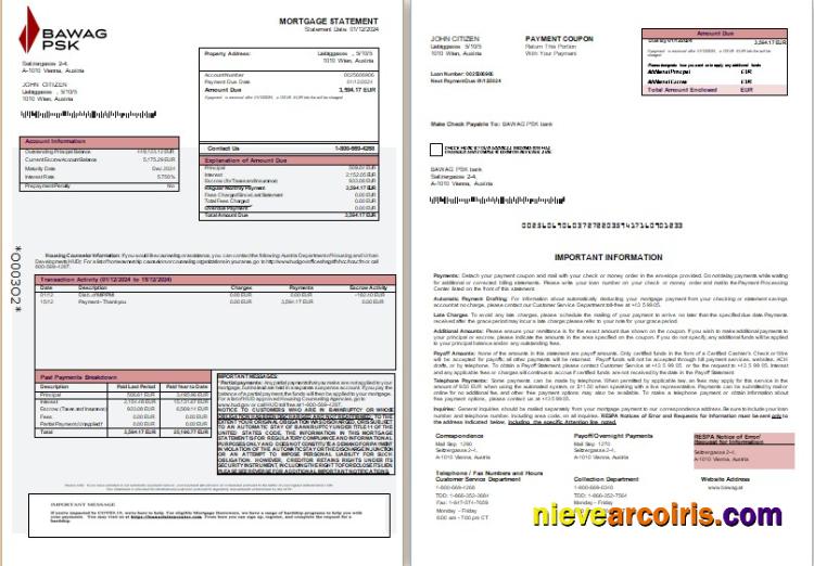 Austria BAWAG PSK Bank Mortgage Statement, 3 Pages, 1 2 Scr Preview
