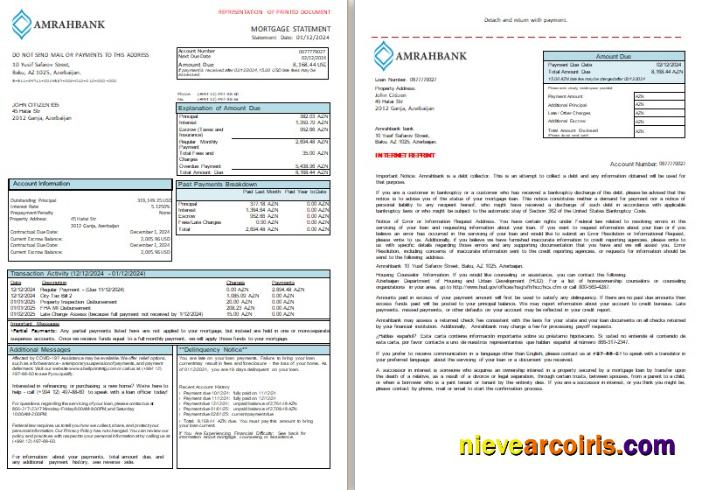 Azerbaijan Amrahbank Bank Mortgage Statement, 3 Pages, 1 2 Scr Template