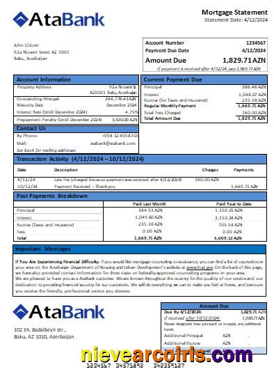 Azerbaijan Atabank Bank Mortgage Statement Scr Sample