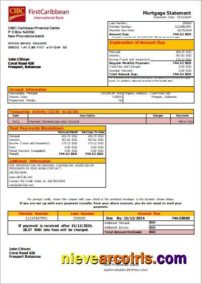 Bahamas CIBC Caribbean Bank Bank Mortgage Statement Scr Sample